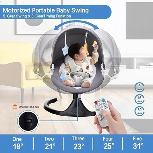 Electric Baby Swing Cradle for Infants – 5-Speed Motorized Rocker with Remote Control, Timer, Bluetooth & USB, Safety Belt, Soft Washable Cushion, Mosquito Net, Feeding Tray