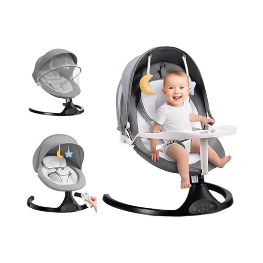 Electric Baby Swing Cradle for Infants – 5-Speed Motorized Rocker with Remote Control, Timer, Bluetooth & USB, Safety Belt, Soft Washable Cushion, Mosquito Net, Feeding Tray